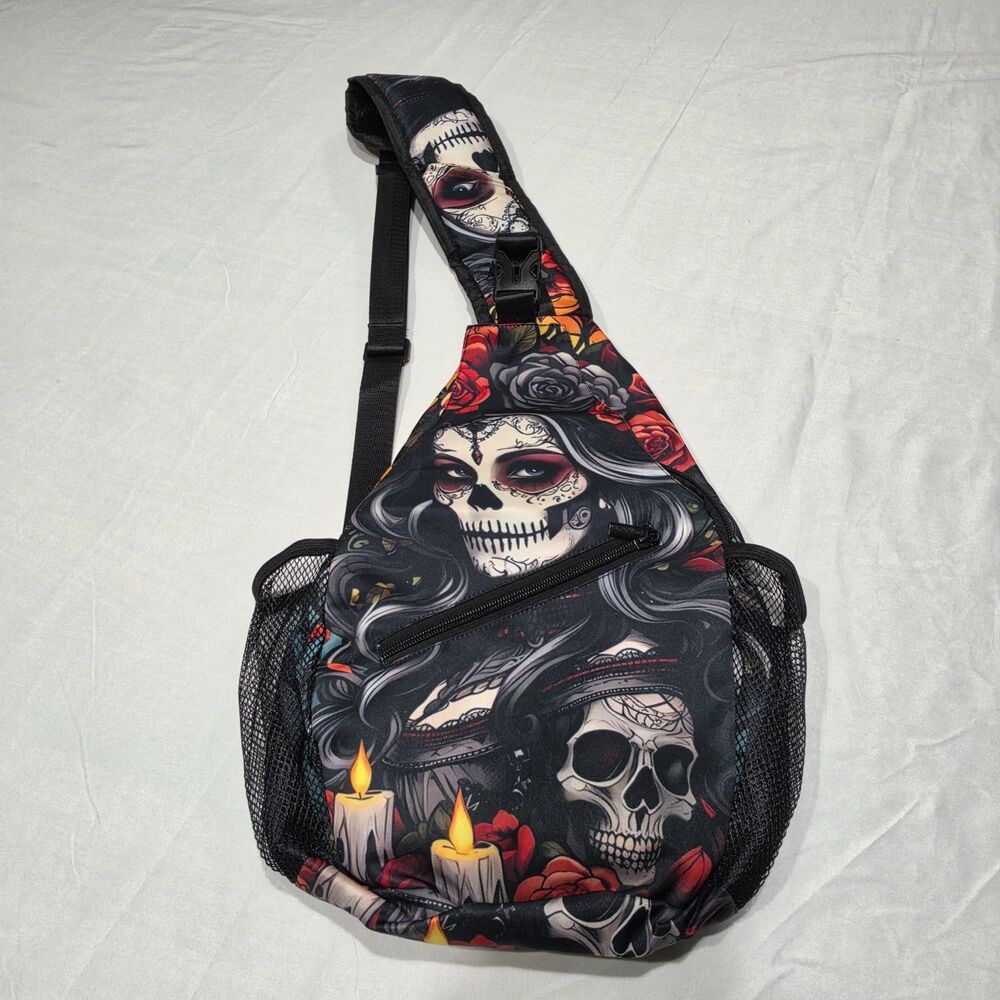 Cross body sling bag, Day backpack "Day Of The Dead, Goth, Skulls And Roses",